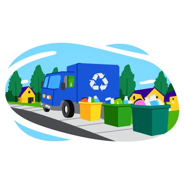 A bright blue recycling truck is positioned in a residential neighborhood, actively collecting sorted bins of recyclables. The truck has a large, clear "Recycling" label on its side. Several colorful bins in various shades of green, yellow, and blue are neatly lined up along the curb. The bins are filled with paper, plastic bottles, and aluminum cans, each clearly marked with recycling symbols. In the background, cozy houses with yards can be seen, and a few trees add greenery to the scene. Sunlight casts soft shadows, creating a lively atmosphere.