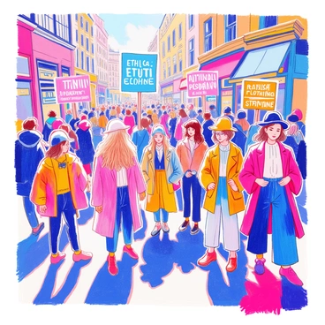 A group of fashion activists is gathered in an urban setting, with colorful banners displaying messages about "ethical" and "sustainable" clothing practices. Each activist is wearing unique outfits made from eco-friendly materials, showcasing a variety of styles and textures. Some activists hold up signs while others engage with passersby, sharing information. The scene is vibrant, filled with diverse individuals of different ages and ethnicities, each passionately advocating for change. The background features a lively street with shops and pedestrians, enhancing the sense of community involvement.