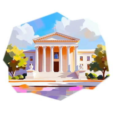 A grand courthouse building is depicted, showcasing its impressive architecture. The façade features large, sturdy columns that support a detailed pediment, emphasizing the building's imposing presence. Steps lead majestically up to the entrance, inviting visitors toward the double doors. Surrounding the courthouse, manicured lawns and trees enhance the formal atmosphere, while a clear sky provides a striking backdrop to this magnificent structure.