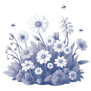 A garden scene filled with various types of blossoming flowers. The flowers are in different shapes and sizes, displaying intricate petal patterns. Bees are seen buzzing around the flowers, with some landing on the petals. The garden is abundant with greenery, featuring lush leaves and stems that support the colorful blooms. The flowers are arranged in clusters, creating a vibrant and lively atmosphere.