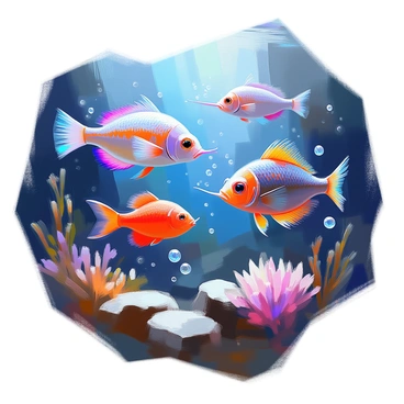 A variety of deep-sea fish are depicted swimming in their dark ocean environment. The scene includes a bioluminescent anglerfish with a glowing lure, a sleek lanternfish with shimmering scales, and a vibrant, red snailfish. The fish are surrounded by deep blue water, with subtle light filtering down from above. There are delicate bubbles rising from the fish, and a soft, dark background that enhances their unique shapes and colors. Various sea plants sway gently in the current, adding to the underwater atmosphere.