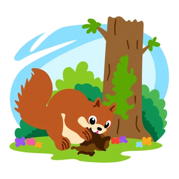 A brown squirrel with a bushy tail is gathering decomposed leaves and twigs from the forest floor. It holds a piece of bark in its mouth, with its eyes focused on its task. The squirrel is positioned near a tall tree with rough, textured bark, showcasing green moss growing on one side. In the background, there are various shades of green foliage, and colorful wildflowers dot the ground. Sunlight filters through the leaves, creating a dappled pattern on the ground.