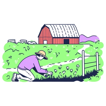 An engraving of a rustic farm scene. In the foreground, there is a farmer wearing a straw hat, kneeling down and tending to rows of crops. The farmer has a hoe in hand and is focused on the soil. In the background, a large red barn with a slanted roof stands next to a weathered wooden fence. Surrounding the barn, there are expansive green fields dotted with patches of wildflowers. A dirt path winds its way through the fields, leading towards the horizon where a distant hill can be seen.