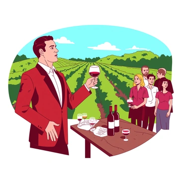 A red-suited sommelier stands confidently in front of a gathered audience at a vineyard, holding an elegant wine glass filled with deep red wine. The sommelier is gesturing with their left hand, explaining the wine tasting techniques. In the background, rows of lush green grapevines stretch out under a clear blue sky. The audience, composed of various individuals, is attentively listening and observing, with some holding their own wine glasses. A wooden table nearby displays several bottles of wine and tasting notes.