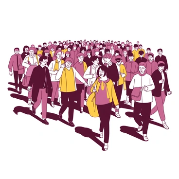 A large group of people is moving together, all dressed in varied clothing styles, with some individuals wearing bright jackets while others sport casual attire. They are walking in unison, with their heads turned slightly to the side, as if drawn by a common focus ahead. Some people are holding bags or drinks, while others are chatting amongst themselves. The crowd's movement resembles that of a herd of sheep, creating a sense of unity in their direction. In the foreground, a few individuals stand out, gesturing animatedly or laughing, adding to the lively atmosphere of the scene.
