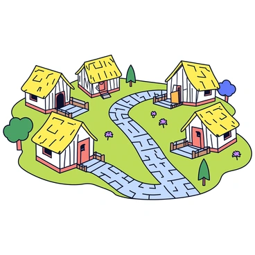 A traditional village scene featuring several thatched cottages with straw roofs. The cottages have wooden frames and small, square windows. A winding cobblestone path leads through the village, bordered by patches of green grass and colorful wildflowers. Small wooden fences separate the yards of the cottages, and a few trees are scattered throughout the scene, adding to the rustic charm.