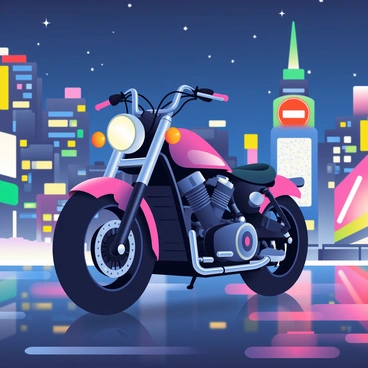 A BMW motorcycle is positioned prominently in the foreground, its sleek design highlighted by the glow of vibrant city lights reflecting off its polished surface. The motorcycle features a shiny black frame and chrome accents, with the headlights casting a bright beam ahead. In the background, the cityscape is filled with tall buildings adorned with colorful neon lights, creating a lively atmosphere. Above, the night sky is a deep blue, scattered with a few stars. The pavement beneath the motorcycle is wet, reflecting the dazzling city lights, enhancing the overall nighttime ambiance.