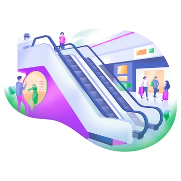 A modern pastel illustration depicting two escalators positioned to meet at an angle in a busy mall. One escalator is ascending, while the other is descending, creating supplementary angles where they converge. Surrounding the escalators are shoppers, some carrying shopping bags and others interacting with each other. Bright store signs and colorful displays can be seen in the background, adding to the mall's lively atmosphere. The floors are polished and reflect the lights from overhead, enhancing the bustling scene.
