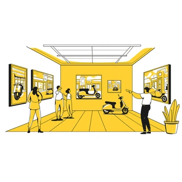An art gallery featuring a collection of paintings showcasing gas mopeds