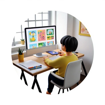 An illustrator with light skin and short black hair is sitting at a modern desk, focused on their computer screen. The screen displays a colorful array of character designs, showcasing different styles and color palettes. The workspace is cluttered with sketchbooks and art supplies, including markers and pencils. A window in the background allows natural light to illuminate the room. The illustrator has a thoughtful expression, as they use a stylus to refine the designs on the screen.