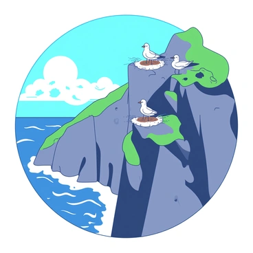 A group of small white seabirds with black-tipped wings is nesting on a narrow ledge of a steep cliff face. The cliff is rugged and has patches of green moss growing in the crevices. Some of the seabirds are sitting on their nests, which are made of twigs and feathers, while others are perched nearby, keeping watch. Below the ledge, the ocean waves crash against the rocks, creating a mist that rises up toward the birds. The sky above is a vibrant blue, dotted with a few fluffy white clouds.