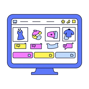 An online shopping interface displayed on a computer screen. The interface features a grid layout filled with various colorful products, including clothing, accessories, and gadgets. Each product has a clear image and a brief description underneath. Prominently featured are multiple bright "buy" buttons in different colors, placed below each product. The screen is framed with a simple border, and there are subtle icons indicating categories like "electronics" and "fashion" at the top.