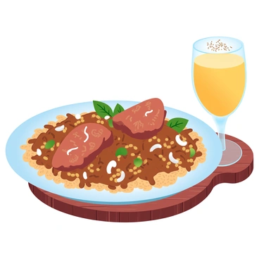 A plate of biryani fills the center of the image, featuring fragrant rice mixed with spices, tender pieces of chicken, and garnished with fresh herbs and fried onions. The vibrant colors of the rice, rich brown and golden hues, create an appealing contrast. Next to the plate, a glass of mango lassi stands tall, showcasing its creamy yellow color with a smooth texture topped with a sprinkle of cardamom. The setting includes a textured wooden table that adds warmth to the scene.