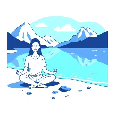 A person sitting cross-legged on a sandy shore is meditating peacefully beside a crystal-clear mountain lake. The water reflects the surrounding mountains and the sky, creating a serene atmosphere. The person is wearing comfortable, light-colored clothing, and their eyes are gently closed, with a calm expression on their face. Soft ripples can be seen in the water as a gentle breeze passes through, and a few small rocks are scattered along the shoreline, adding texture to the scene. 