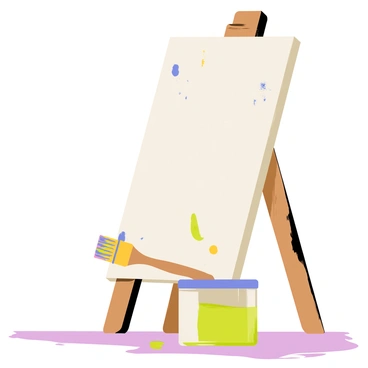 An easel holding a large canvas with an unfinished painting featuring abstract splashes of color. The canvas is predominantly white with hints of blue and yellow strokes. A wooden brush with colorful bristles rests on the edge of an open paint jar beside the easel. The paint jar is filled with a vibrant green paint, and there are small drips of paint on the table beneath the easel. The setting has a cozy studio ambiance, with soft light illuminating the scene.