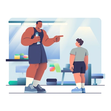 An experienced bodybuilder with a muscular build and tanned skin is standing next to a young athlete in a gym. The bodybuilder has short black hair and is wearing a sleeveless black tank top and dark blue shorts. He is demonstrating a weightlifting technique, holding a barbell with one hand while pointing with the other hand towards the young athlete. The young athlete, with light brown skin and curly hair, is wearing a fitted grey t-shirt and black gym shorts, watching attentively. In the background, various gym equipment such as dumbbells, benches, and exercise mats are visible, along with a large mirror reflecting the scene. Bright fluorescent lights illuminate the space, creating a focused atmosphere.