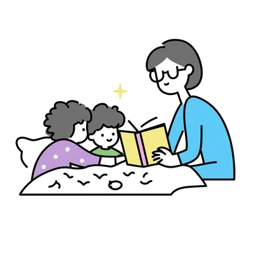 A parent reading a bedtime story to their children, nestled under a cozy blanket.