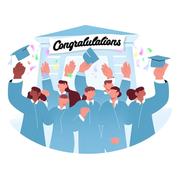 A group of students in graduation gowns are standing together outside a building. They are all smiling as they celebrate their achievement. Each student has a graduation cap in their hand, which they are tossing into the air. Colorful confetti is falling around them, adding to the festive atmosphere. In the background, there is a large banner that reads "Congratulations Graduates" in bold letters. The scene is filled with vibrant colors and captures the excitement of the moment.