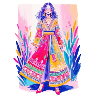 A model stands confidently, showcasing an outfit inspired by traditional ethnic patterns and designs. The clothing features intricate geometric motifs and vibrant colors, predominantly in shades of red, green, and gold. The outfit includes a flowing skirt with a layered design, accented with ornate embroidery along the hem. The model's top is a fitted blouse, which has long sleeves adorned with similar intricate patterns. The ensemble is completed with a wide belt that cinches at the waist, emphasizing the model's silhouette. Her hair is styled in loose waves, and she wears bold statement earrings that complement the vibrant outfit. The background is softly blurred, highlighting the model and her outfit as the focal point.