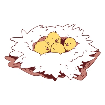 A white cozy nest made of soft feathers is positioned on a natural wooden surface. Inside the nest, there is a small family of fluffy baby birds, their feathers a mix of yellow and soft orange. The baby birds are huddled together, eyes closed, with their tiny beaks slightly open as if gently chirping in their sleep. Surrounding the nest, there are delicate strands of feather scattered, enhancing the warmth and comfort of the scene. The overall composition conveys a sense of tranquility and safety for the family within the nest.