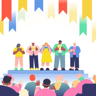 A grand stage decorated with colorful banners, where artists are receiving the JIA Illustration Award