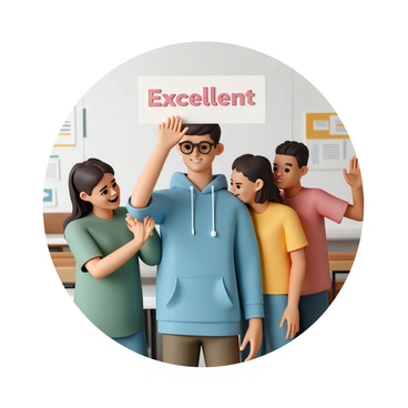 A student, wearing a blue hoodie and glasses, stands in the center of the image, holding up a white sheet of paper with the word "Excellent" printed in bold, red letters at the top. Surrounding the student, three friends are gathered, smiling and looking at the paper with expressions of excitement. One friend, wearing a green shirt, claps their hands in delight, while another friend, in a yellow shirt, leans in closer to get a better look. The third friend, wearing a red t-shirt, has their hands raised in celebration. The background depicts a classroom setting, with desks and educational posters.