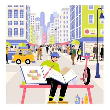 An illustrator sits on a wooden bench in a bustling city street, focused intently on their sketchbook. The sketchbook, open in front, displays a detailed drawing of the lively street scene. In the background, tall buildings with various architectural styles tower above, showcasing a mix of modern glass facades and older brick structures. People of diverse backgrounds walk along the sidewalk, some chatting, others focused on their phones. Colorful street vendors line the pavement, selling flowers, snacks, and artwork. A bright yellow taxi cab passes by, while a red bicycle leans against a lamppost nearby. The illustrator, wearing a blue cap and a green scarf, is surrounded by art supplies, including pencils, a water bottle, and crumpled papers.