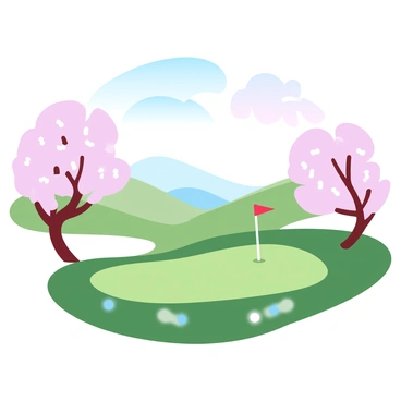 A golf hole featuring a lush green fairway, surrounded by blooming cherry blossom trees with delicate pink flowers. The trees are in full bloom, their branches gently swaying in a light breeze. In the background, there are soft rolling hills that complement the scene. The golf hole includes a neatly mowed putting green, with a flagpole planted firmly in the hole, and a few scattered golf balls around the area. A serene sky with gradient pastel colors transitions from soft blue to warm pink hues above the landscape.