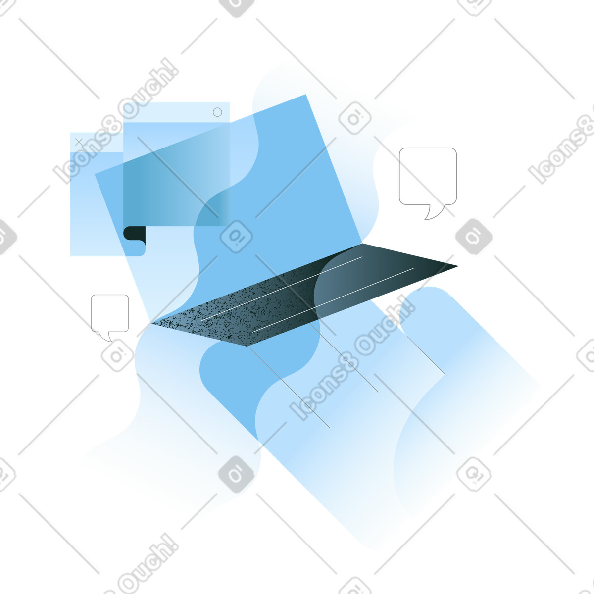 Computer portatile con finestre del browser e chat bubble, strumenti di comunicazione online illustrazione in stile Concept scarica in PNG, SVG