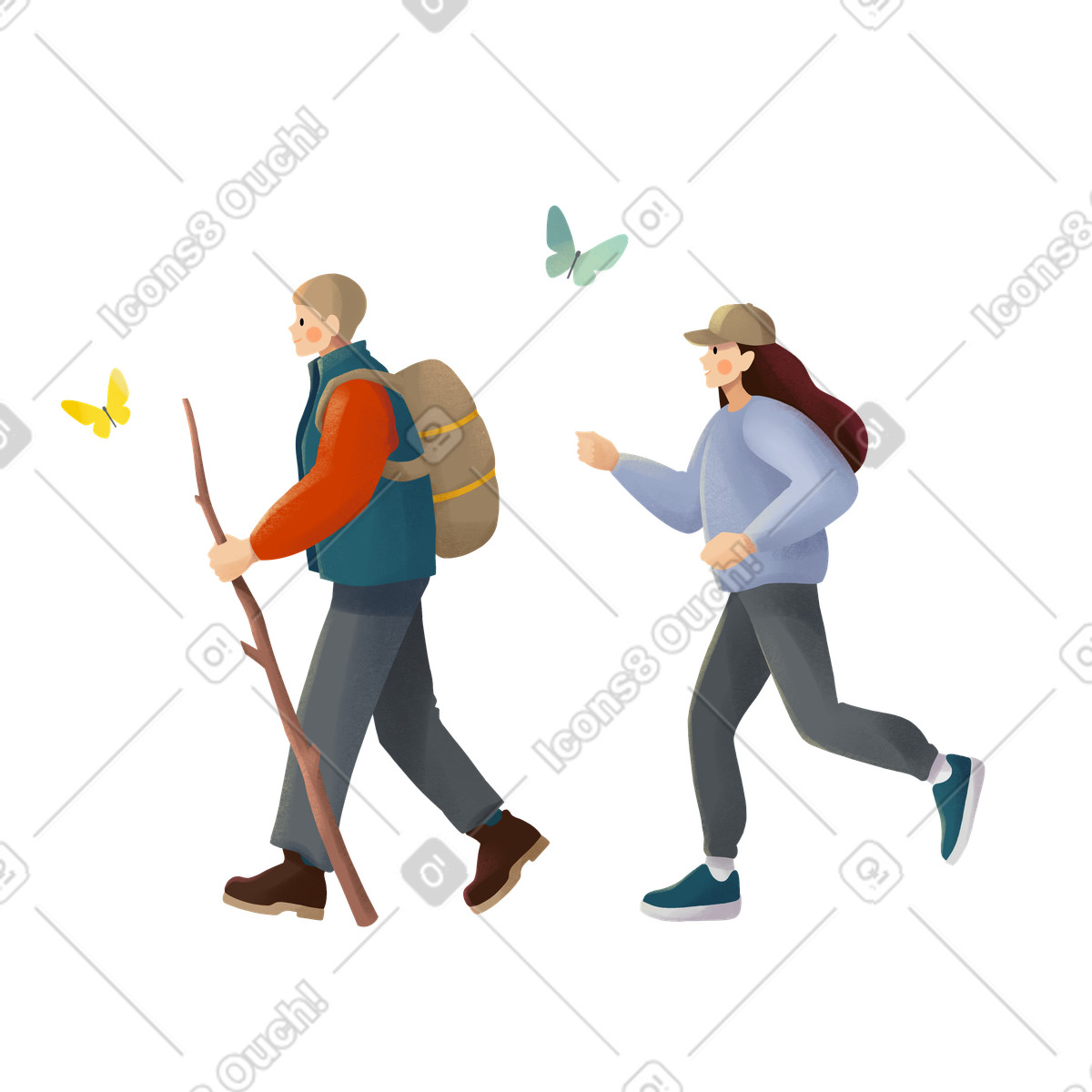 Woman in violet jumper and man in green jumper with khaki backpack hiking illustration in PNG, SVG