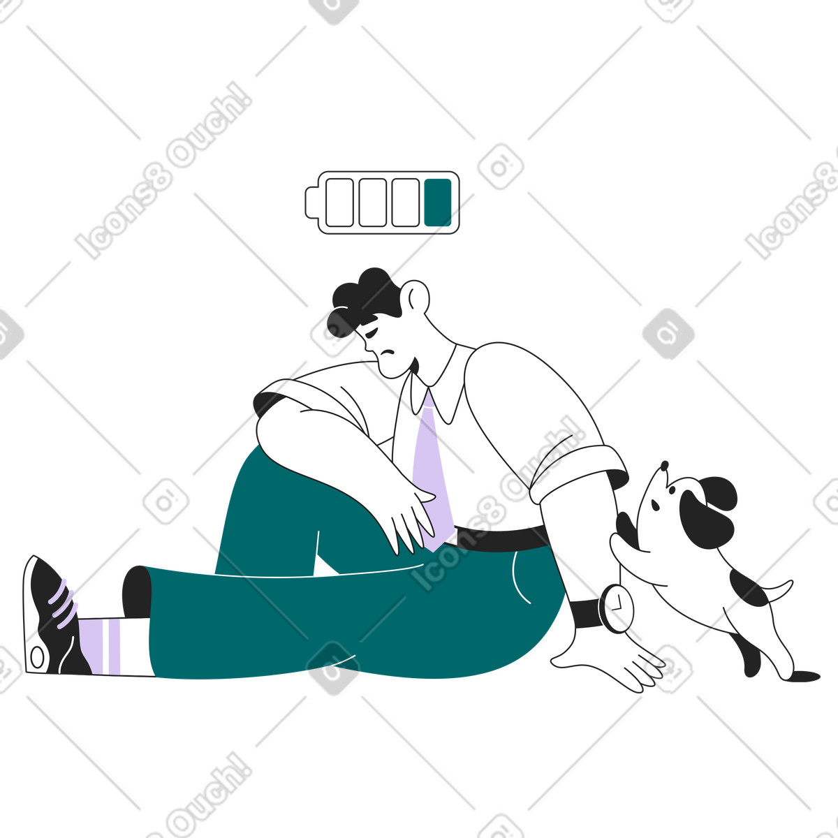 Ilustração de Tired employee sitting on floor next to dog, Time slow down or emotional support em no estilo Sammy Line para baixar em PNG, SVG