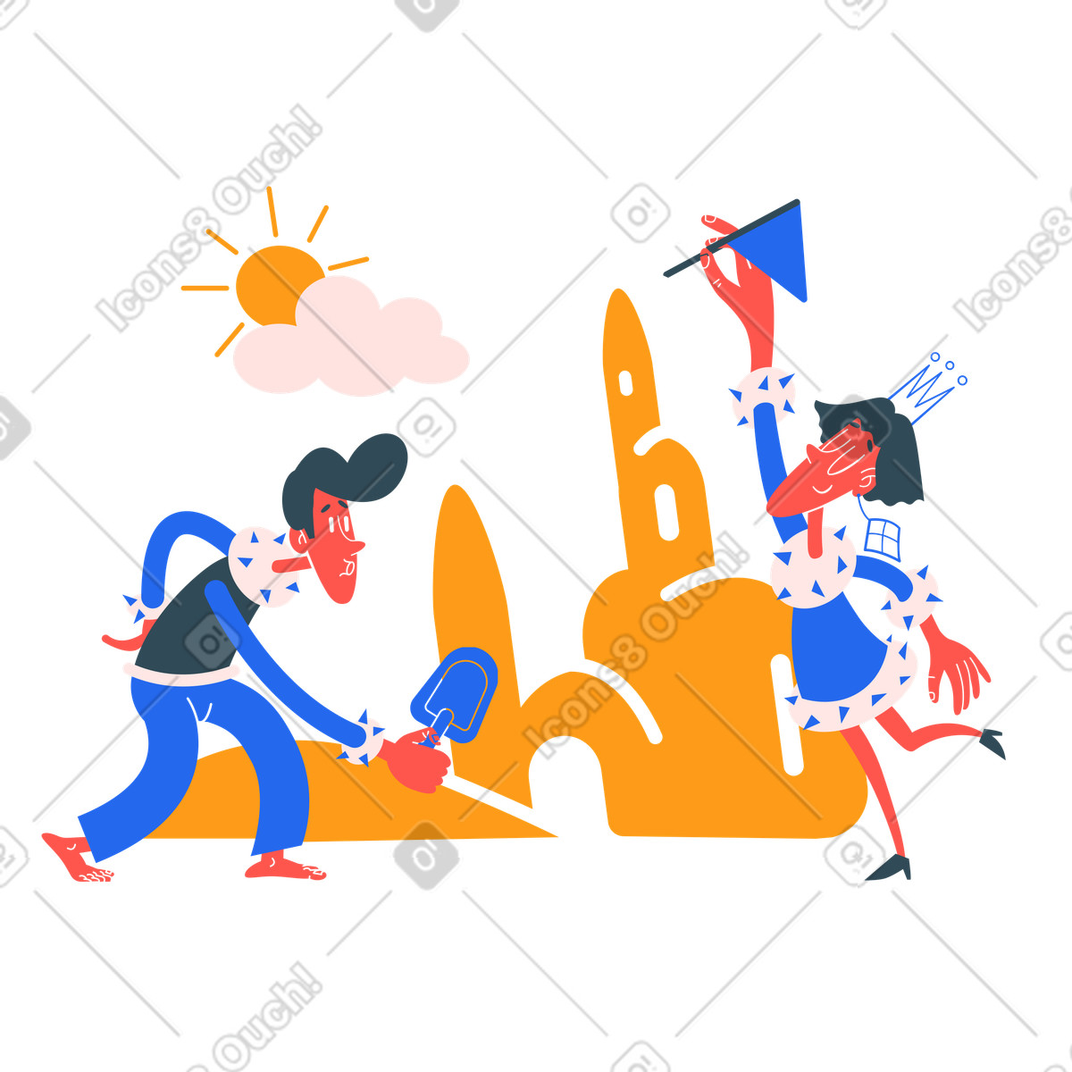 Man and woman working together on the sandcastle project illustration in Kingdom style download in PNG, SVG