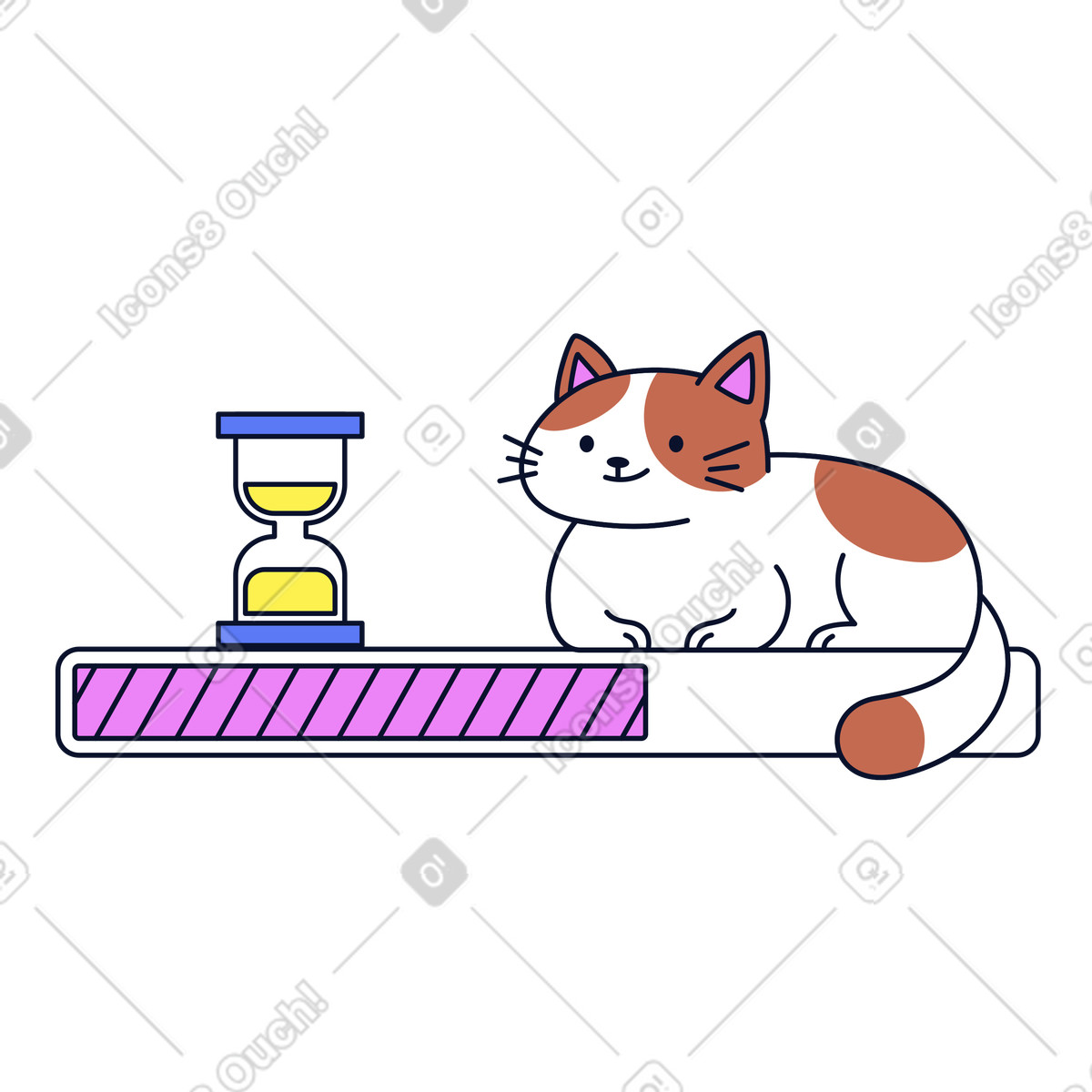 Cute cat on progress bar with hourglass, Loading process and waiting illustration in Flexy style download in PNG, SVG