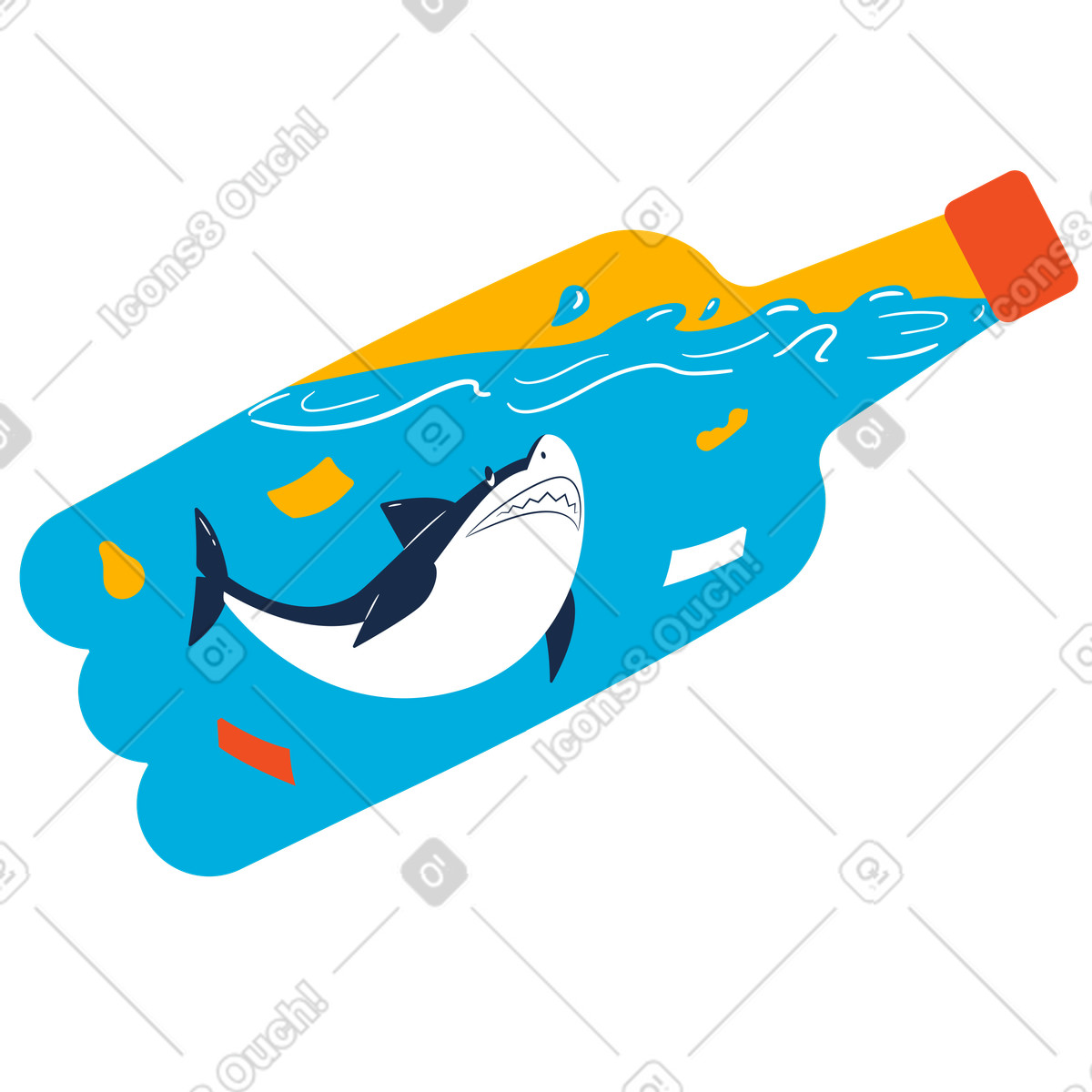 Illustration Pollution marine par le plastique avec un requin coincé dans une bouteille style Flame à télécharger aux formats PNG, SVG