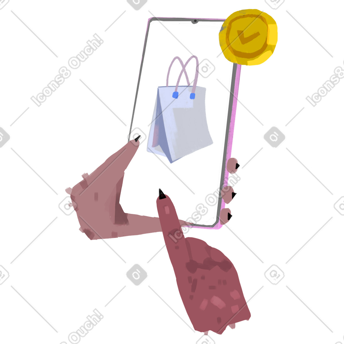 Mani che tengono uno smartphone con l'app per lo shopping online illustrazione in stile Atomic scarica in PNG, SVG