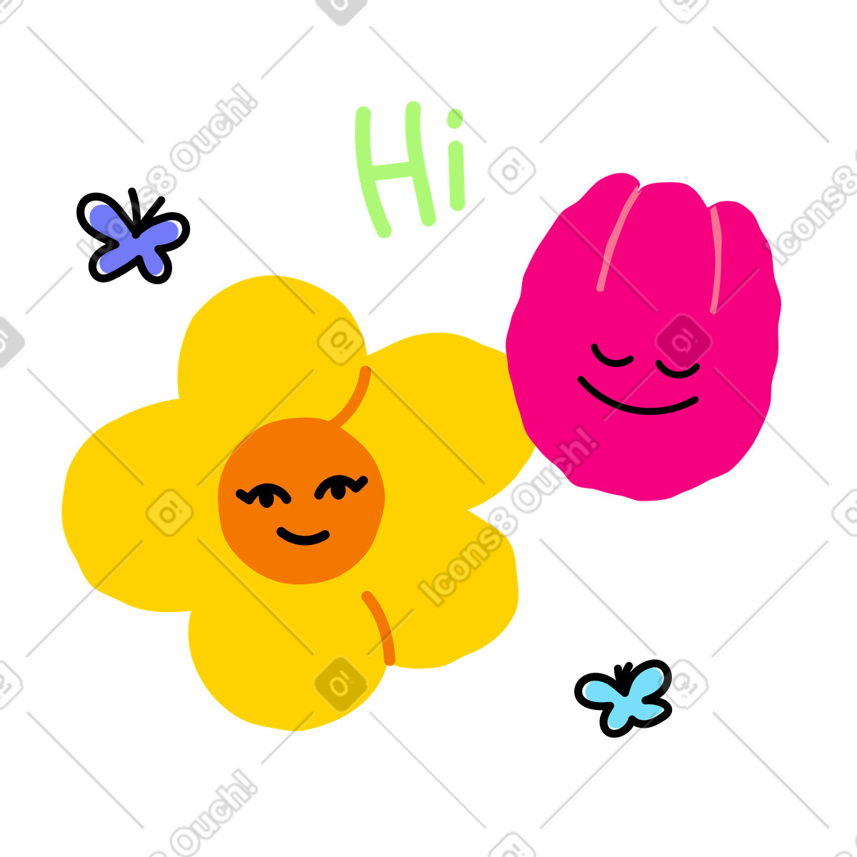 Fröhliche blumenkopffiguren und schmetterlinge-Illustration im Giggle-Stil als Download in PNG, SVG