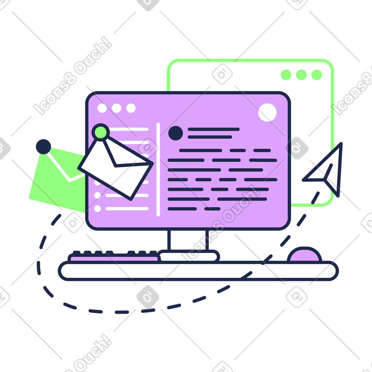 Email messaging on computer screen illustration in Outline style download in PNG, SVG