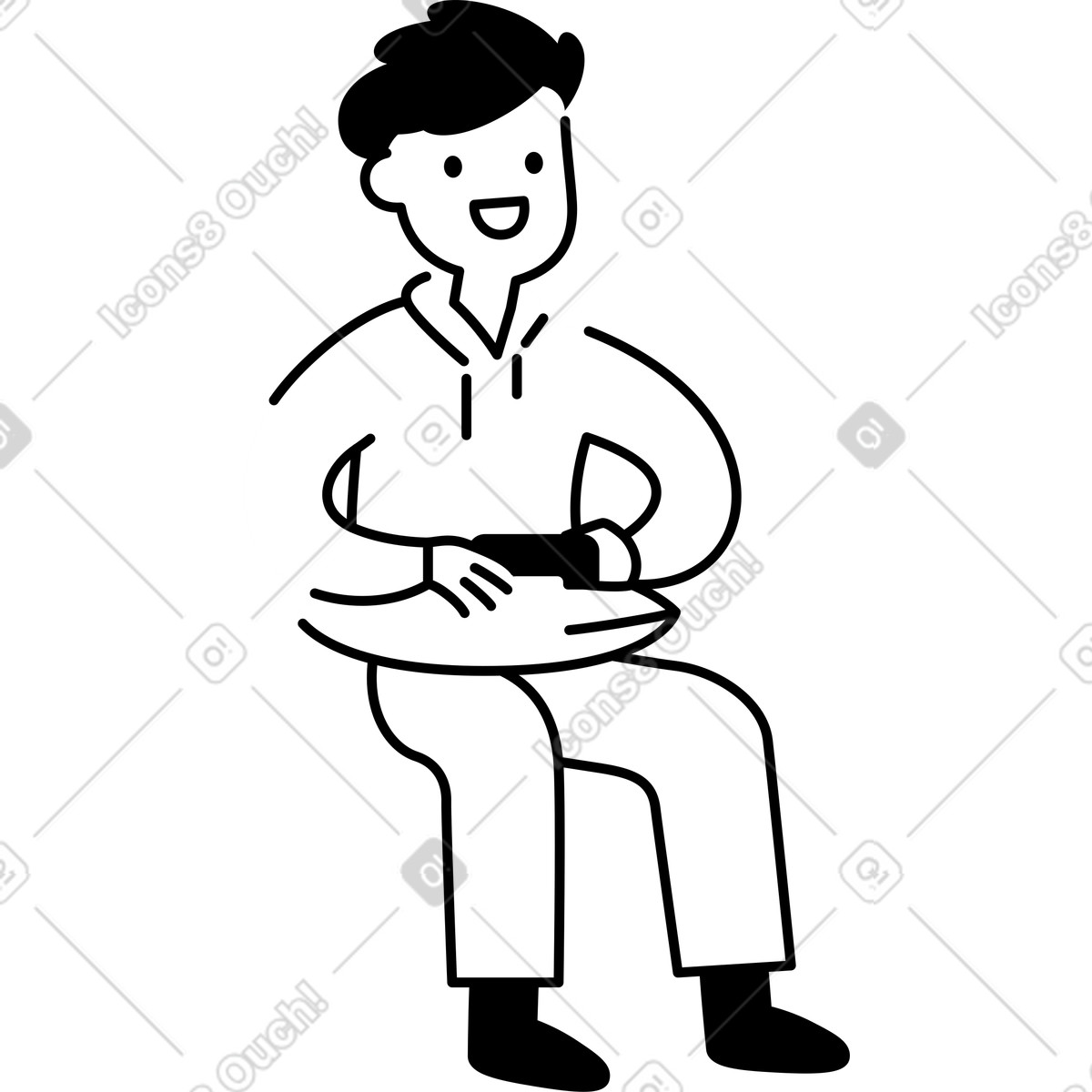Character sitting on chair holding tablet and smiling cheerfully-Illustration im Notion Line Art-Stil als Download in PNG, SVG