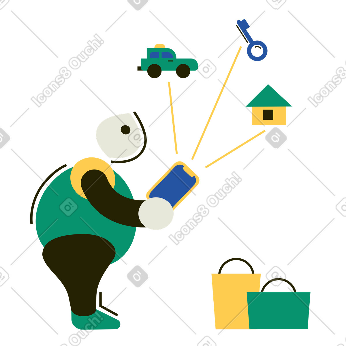 Ilustración Hombre controlando dispositivos iot con teléfono en estilo Spot a descargar en PNG y SVG
