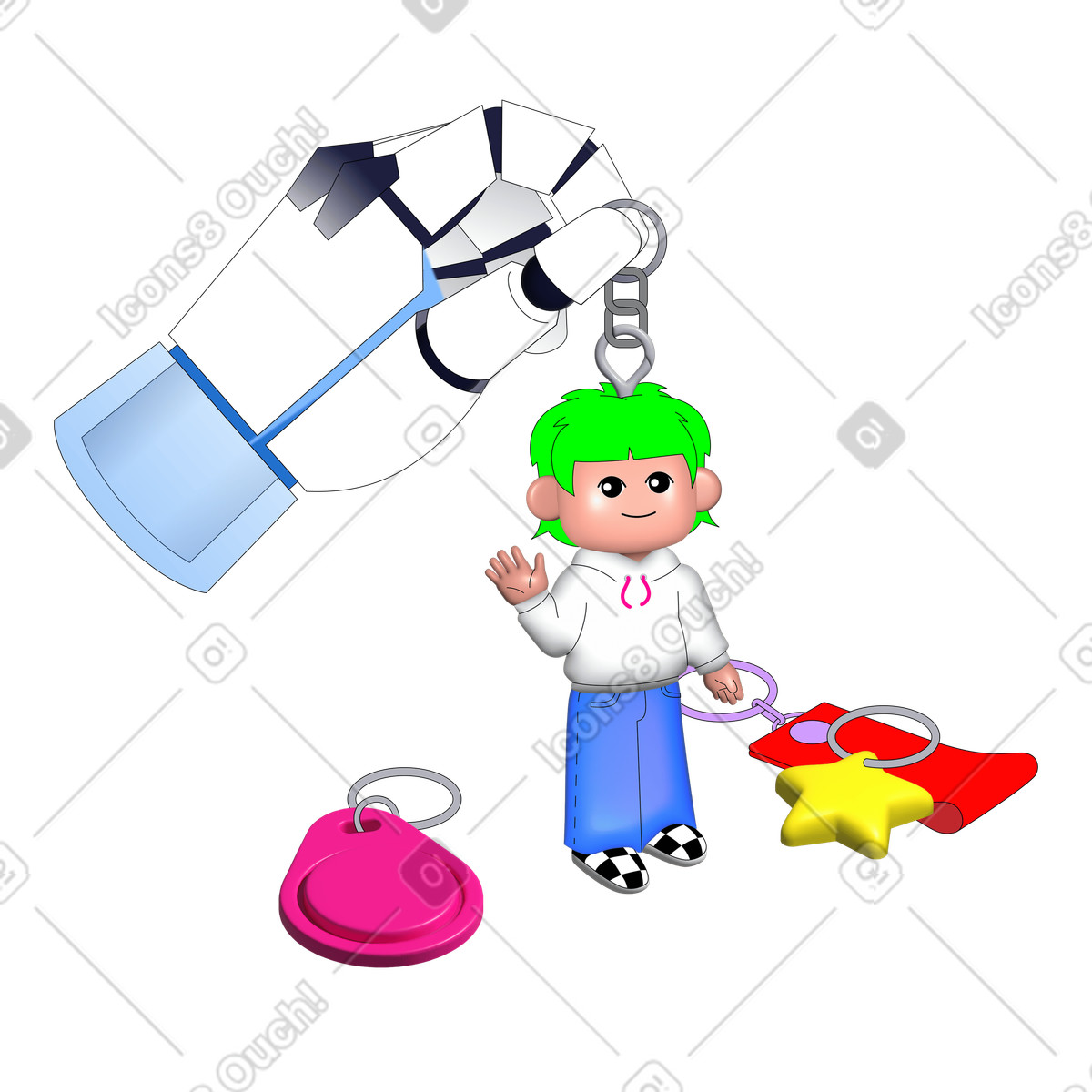 Robot hand holding keychain illustration in Pop style download in PNG, SVG