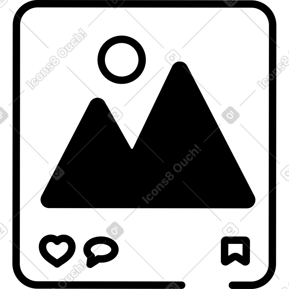Image feed card with landscape thumbnail and engagement icons below-Illustration im Notion Line Art-Stil als Download in PNG, SVG
