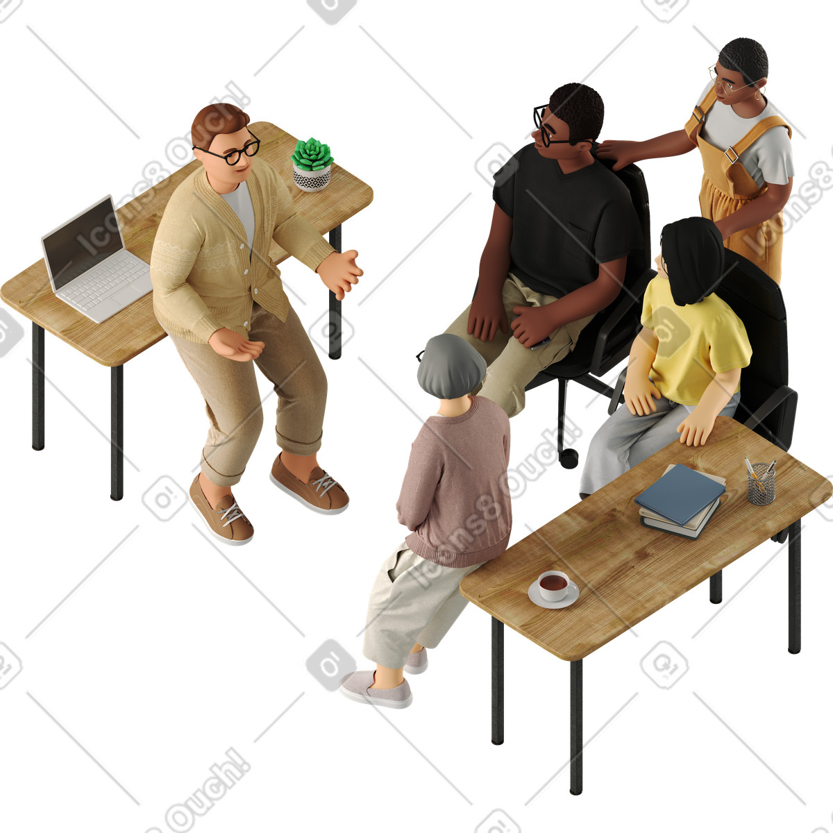 Ilustração de Five colleagues discussing work mask em no estilo 3D Business para baixar em PNG, SVG