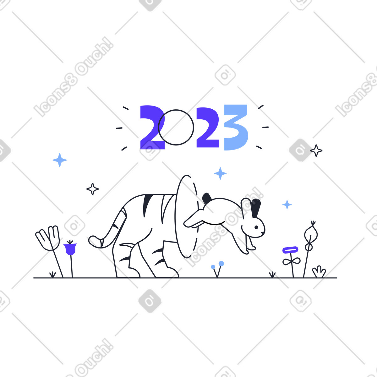 Year 2023, the rabbit comes, tiger goes away illustration in Pablita style download in PNG, SVG
