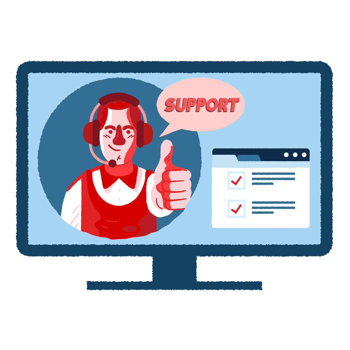 Cherry 스타일의 Support agent with headset on computer screen, Online tech service 일러스트레이션 PNG, SVG 다운로드