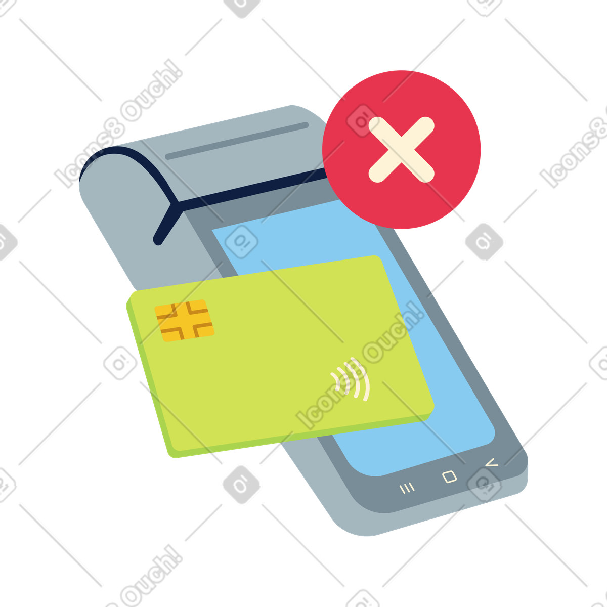 Ilustración Credit card and POS machine with rejection icon, Payment declined at point of sale en estilo Catchy a descargar en PNG y SVG