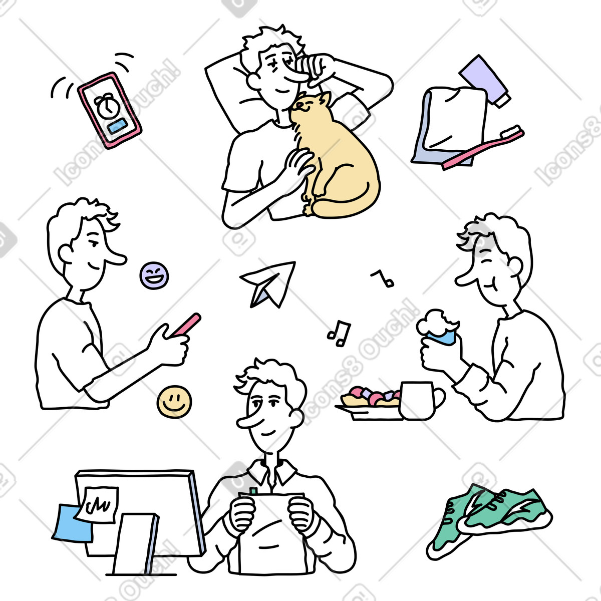 Ilustración Rutina diaria y equilibrio entre la vida personal laboral en estilo Notes a descargar en PNG SVG