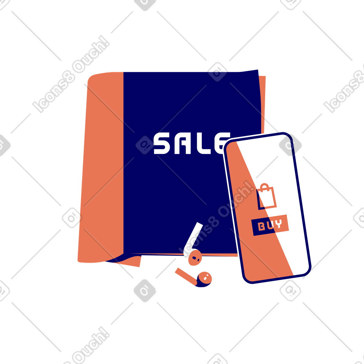 下载 Lounge 风格的 Fashion magazine with inscription sale, smartphone online shopping app and wireless earphones 插画，支持 PNG、SVG 格式