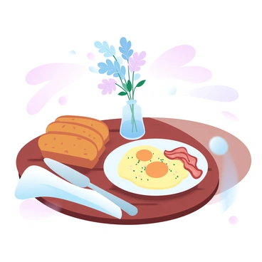 A brunch setting with garlic bread served alongside eggs and bacon
