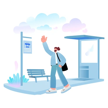 A person is standing at a bus stop with one hand raised and their fingers crossed. The individual is dressed in a light jacket and jeans, with a bag slung over their shoulder. The bus stop has a shelter with a sign indicating the bus route. Surrounding the bus stop is a sidewalk lined with small plants and a few benches. The sky is a blend of gradient pastel colors, suggesting a late afternoon atmosphere.