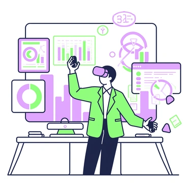 An auditor is standing in a modern office space, wearing virtual reality goggles. The auditor is dressed in a tailored shirt and a blazer, with a focused expression as they engage with the virtual environment. Surrounding them is a 3D audit environment filled with floating data charts, graphs, and digital documents. The charts are vibrant with various metrics, and there are layers of information represented in 3D space, creating an immersive experience. The auditor holds handheld controllers, interacting with the virtual elements, emphasizing their role in analyzing the data. In the background, a large window shows a cityscape, adding depth to the scene.